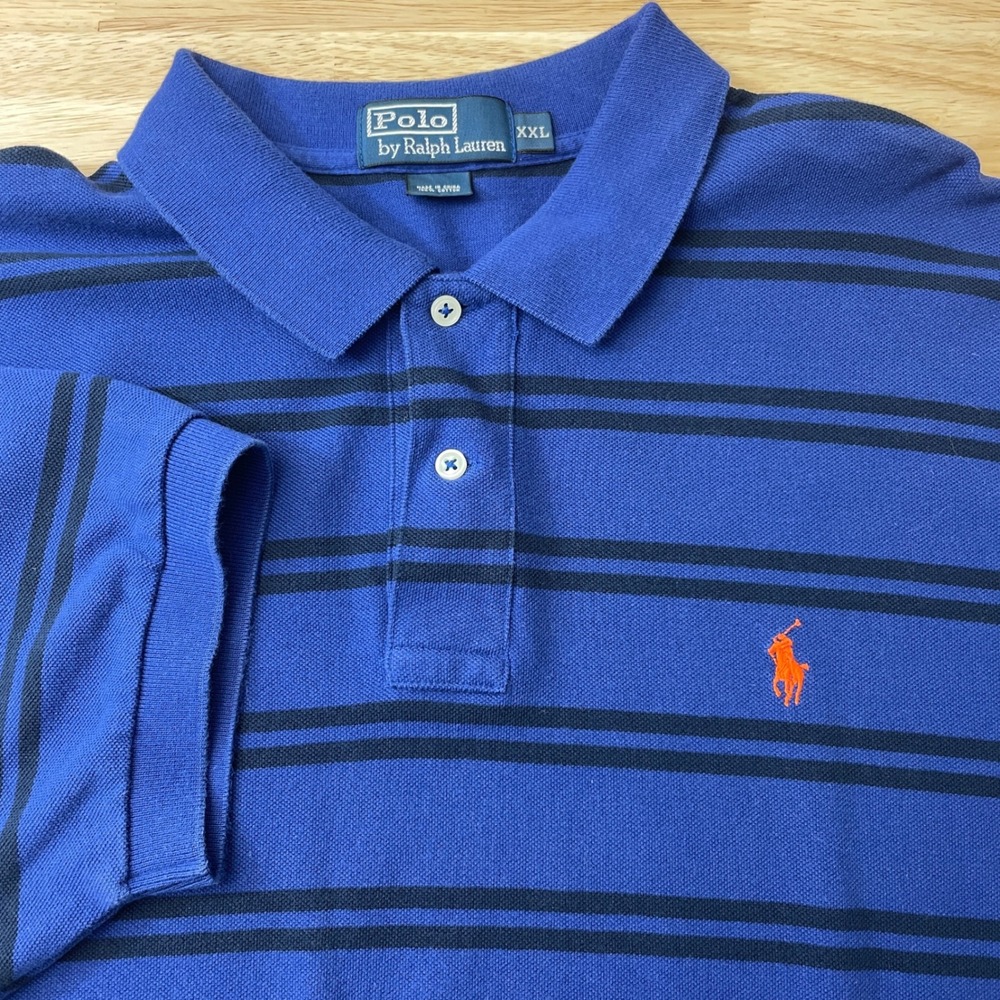 Polo Ralph Lauren XXL Blue Navy Striped‎ Short Sleeve Cotton Pique Polo Shirt